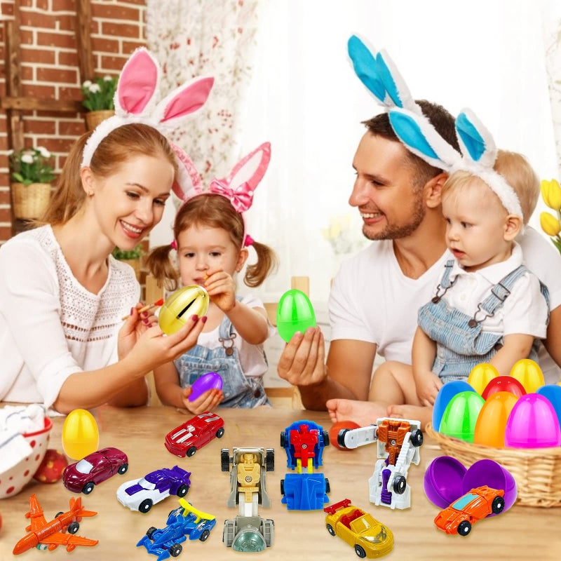 AMENON [1 Gold Egg] 24 Pack Prefilled Easter Egg Filled with Transform Car Robot Toys, 24 Eggs + 24 Car Robot Toys for Kids, Easter Basket Stuffers Classroom Exchange for Boys 24 Vehicle Party Favor Egg Hunt - Image 5
