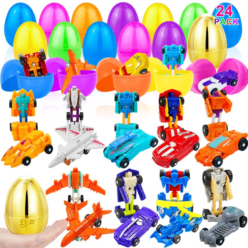 AMENON [1 Gold Egg] 24 Pack Prefilled Easter Egg Filled with Transform Car Robot Toys, 24 Eggs + 24 Car Robot Toys for Kids, Easter Basket Stuffers Classroom Exchange for Boys 24 Vehicle Party Favor Egg Hunt - Image 1