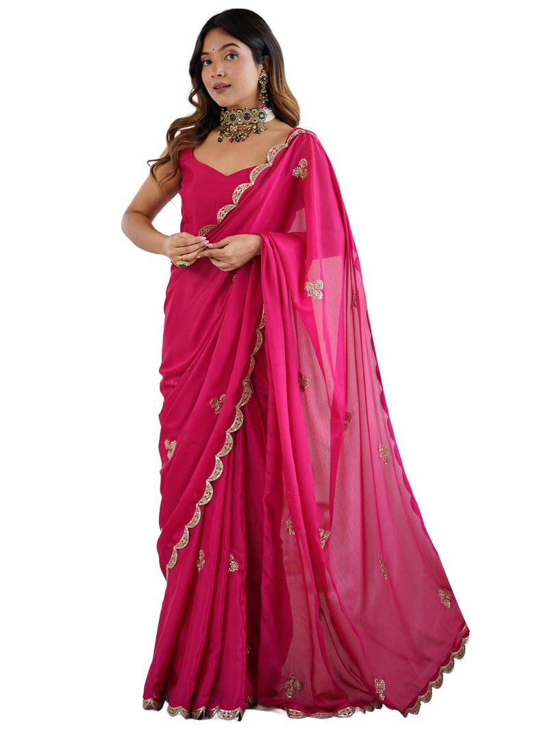 SAREE MALL Women's Pink chinnon Embellished Saree With Unstitched Blouse Piece (GOPI2502_RX) - Image 1