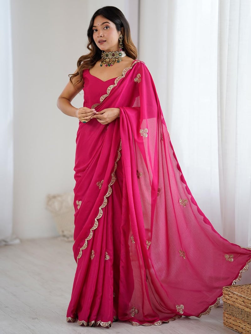 SAREE MALL Women's Pink chinnon Embellished Saree With Unstitched Blouse Piece (GOPI2502_RX) - Image 3
