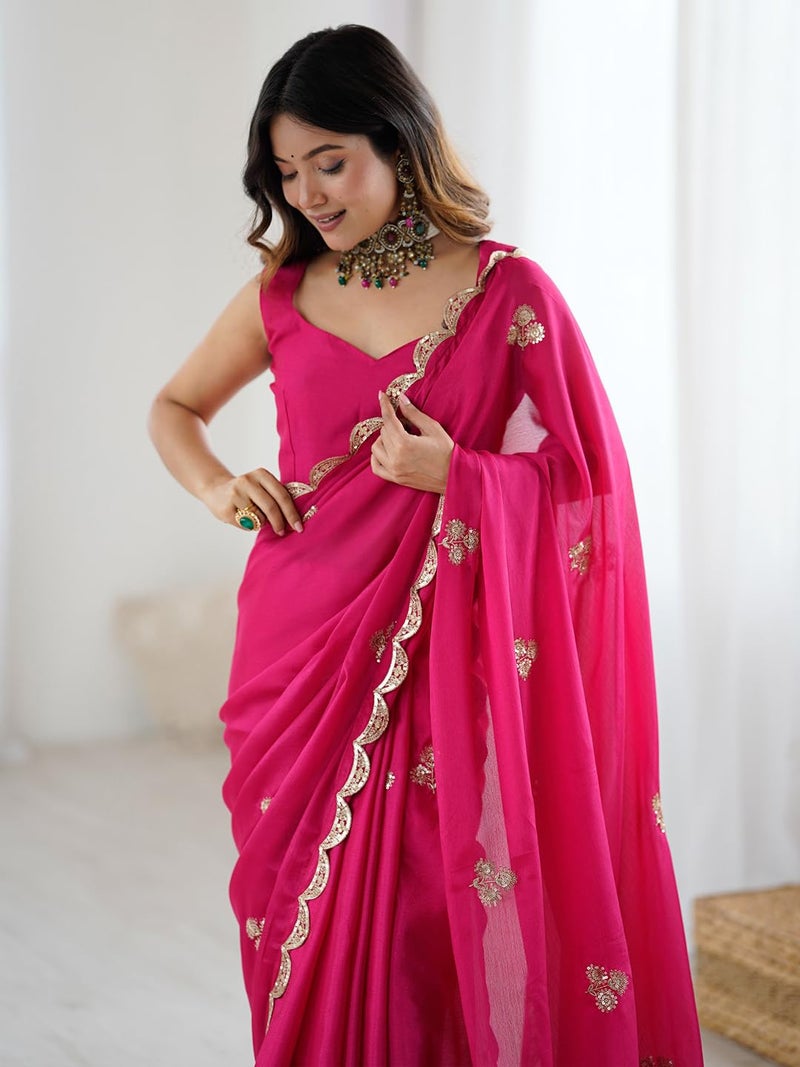 SAREE MALL Women's Pink chinnon Embellished Saree With Unstitched Blouse Piece (GOPI2502_RX) - Image 5