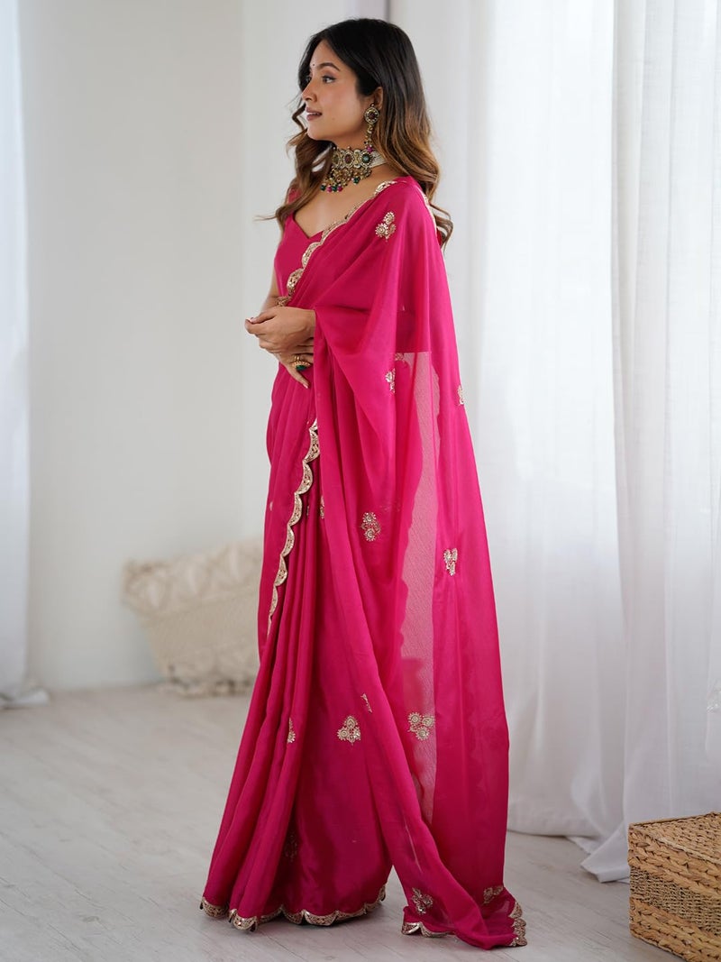 SAREE MALL Women's Pink chinnon Embellished Saree With Unstitched Blouse Piece (GOPI2502_RX) - Image 4