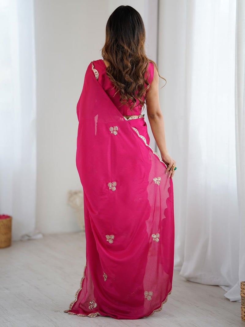 SAREE MALL Women's Pink chinnon Embellished Saree With Unstitched Blouse Piece (GOPI2502_RX) - Image 2