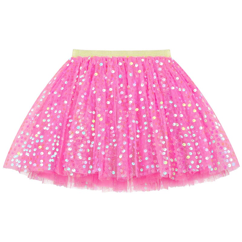 KEREDA Toddler Girls Layered Tutu Skirt Sparkling Sequin Tulle Dance Skirts 2-6 Y Hot Pink - Image 1