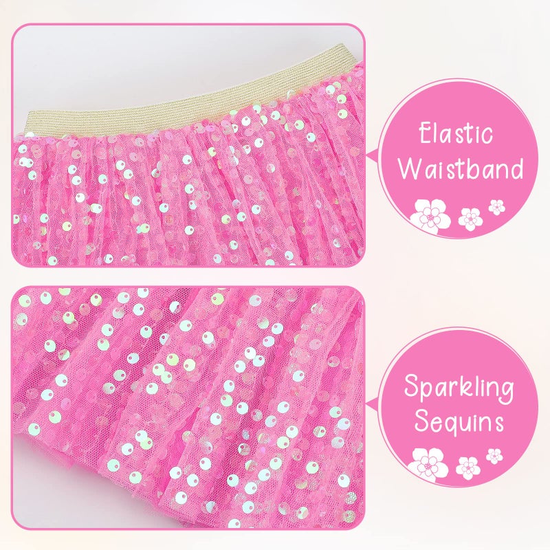 KEREDA Toddler Girls Layered Tutu Skirt Sparkling Sequin Tulle Dance Skirts 2-6 Y Hot Pink - Image 4