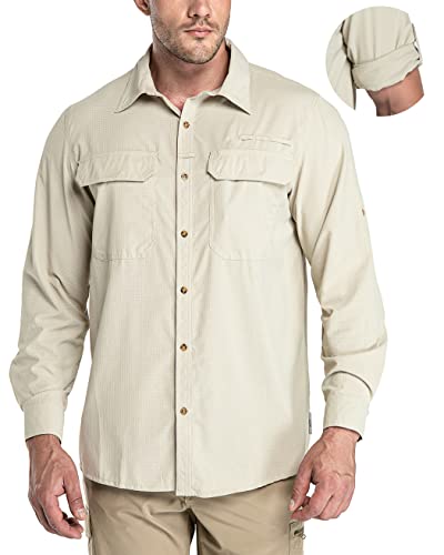 33,000ft Men's Long Sleeve Sun Protection Shirt UPF 50+ UV Quick Dry Cooling Fishing Shirts for Travel Safari Camping Hiking Khaki - Image 1