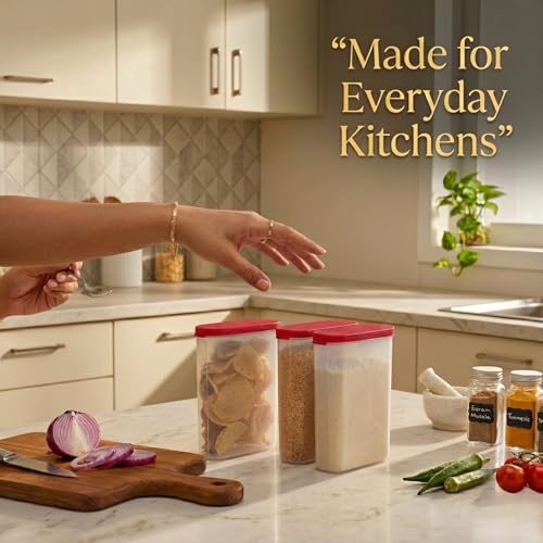 Mahaware Modular Mini Oval Kitchen Storage Box & Grain Container Set – 12 Piece Airtight Spice Jars, 425ml Each, Multipurpose Organizer for Masala & Dry Items (Red) - Image 2