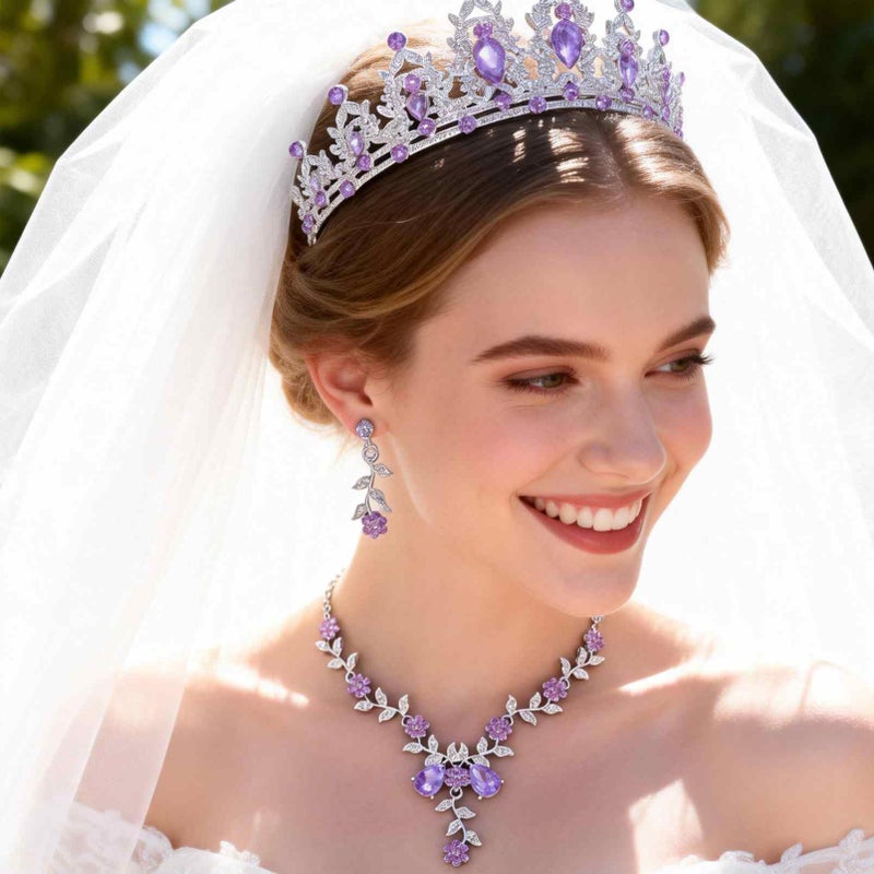 Kamirola Tiaras and Crowns for Women,Tiaras Earrings Necklace, Crystal Bridal Jewelry Set, Costume Party Halloween Prom Pageant Jewelry for Women(TR45) (Silver Purple) - Image 2