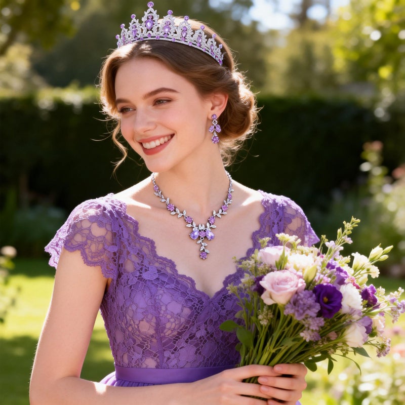 Kamirola Tiaras and Crowns for Women,Tiaras Earrings Necklace, Crystal Bridal Jewelry Set, Costume Party Halloween Prom Pageant Jewelry for Women(TR45) (Silver Purple) - Image 4