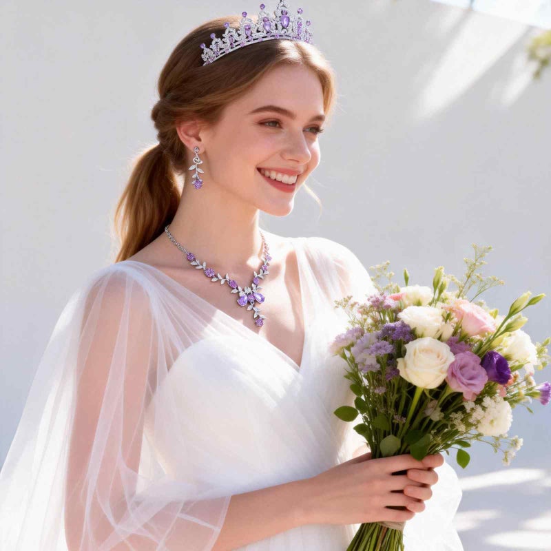 Kamirola Tiaras and Crowns for Women,Tiaras Earrings Necklace, Crystal Bridal Jewelry Set, Costume Party Halloween Prom Pageant Jewelry for Women(TR45) (Silver Purple) - Image 3