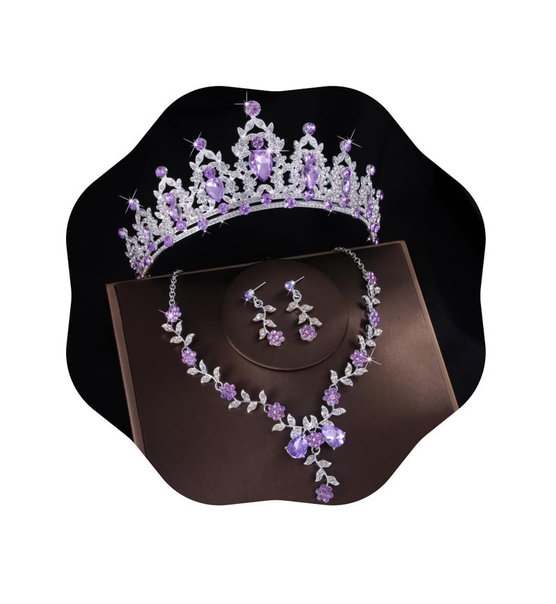 Kamirola Tiaras and Crowns for Women,Tiaras Earrings Necklace, Crystal Bridal Jewelry Set, Costume Party Halloween Prom Pageant Jewelry for Women(TR45) (Silver Purple) - Image 1
