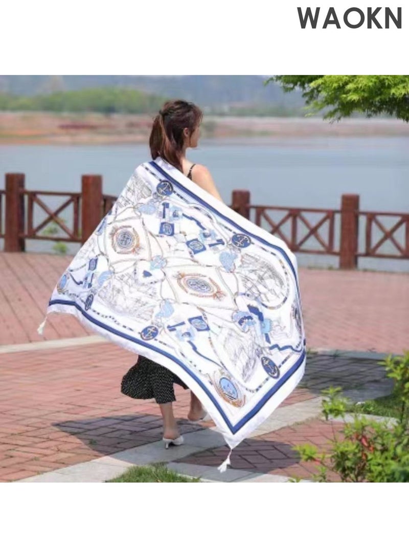 WAOKN Lady's Scarf Silk Scarf Long Silk Scarf Women's Blue Square Scarf Decorative Sun Protection Scarf Function Silk Thin Scarf Beach Sun Shawl, Lightweight Scarf Four Seasons Fashion Scarf - Image 4