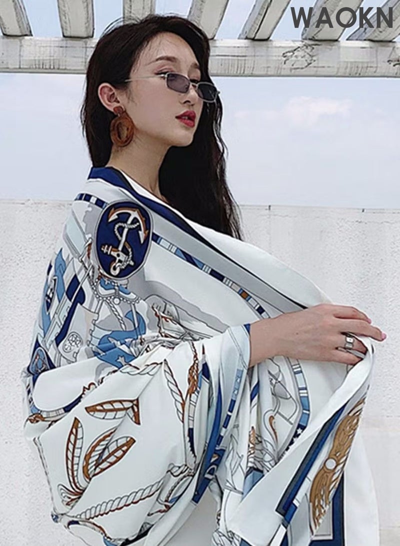 WAOKN Lady's Scarf Silk Scarf Long Silk Scarf Women's Blue Square Scarf Decorative Sun Protection Scarf Function Silk Thin Scarf Beach Sun Shawl, Lightweight Scarf Four Seasons Fashion Scarf - Image 2