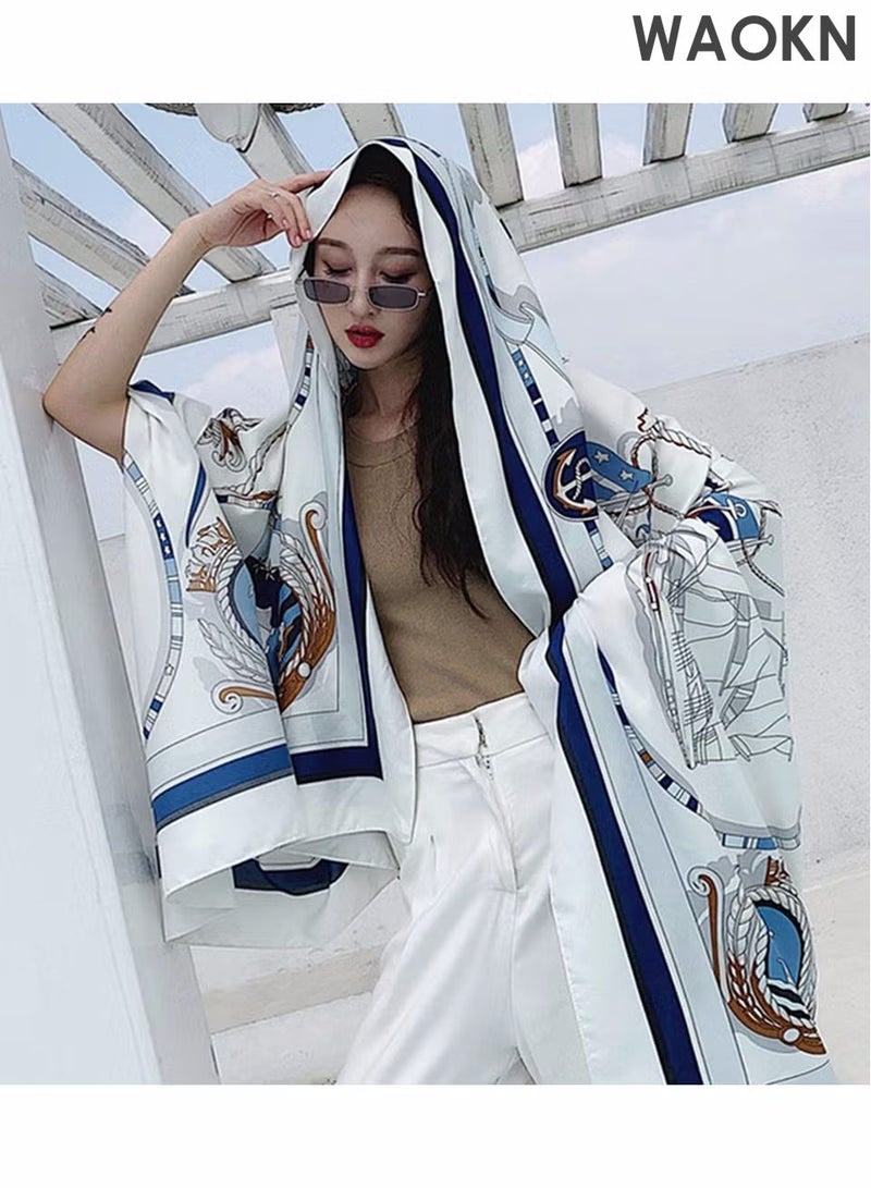 WAOKN Lady's Scarf Silk Scarf Long Silk Scarf Women's Blue Square Scarf Decorative Sun Protection Scarf Function Silk Thin Scarf Beach Sun Shawl, Lightweight Scarf Four Seasons Fashion Scarf - Image 5