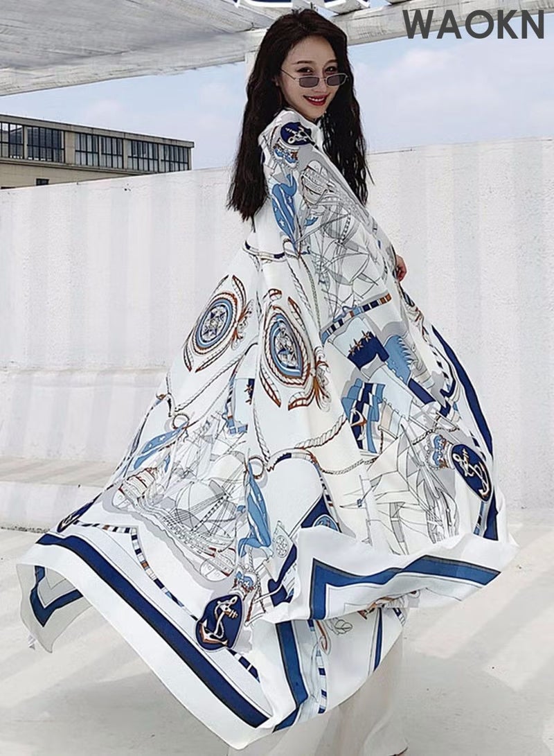 WAOKN Lady's Scarf Silk Scarf Long Silk Scarf Women's Blue Square Scarf Decorative Sun Protection Scarf Function Silk Thin Scarf Beach Sun Shawl, Lightweight Scarf Four Seasons Fashion Scarf - Image 1