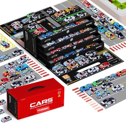 PLUSPOINT 48pcs Pull Back Toy Cars Set, Alloy Racing Cars,Bulk Metal Pull Back Vehicles Set,with Parking lot Car for Kids Ages 3-8 Goodie Bag Stuffers Mini Car Party Favors for Kids Boys and Girls - Image 1