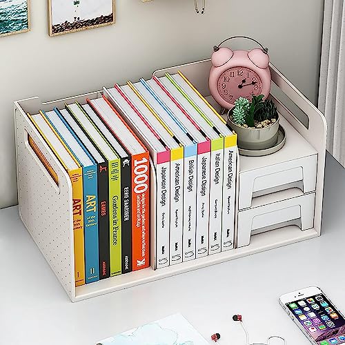 HOMAVA Desktop Bookshelf,Plastic Storage Organizer Book Rack Magazine Cds Bookshelves,Desk Top Small Book Rack for Home Office Study-White | 36 X 20 X 18 Cm | Multi - Image 1