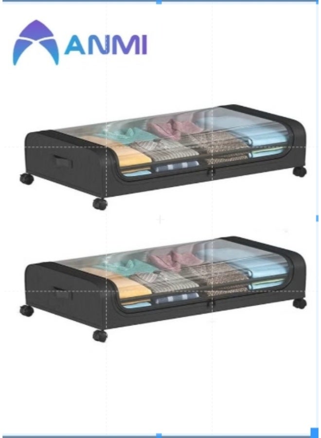 أنمي 2PCS أسفل تخزين السطح بعجلات، و 50 لتر أسفل منظم التخزين على السطح مع أغطية صافية وأدراج ملفوفة صناديق للملابس والأحذية والألعاب (سوداء)