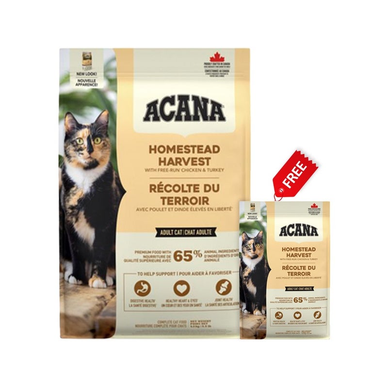 (أسنى) Acana Homestead Harvest Chicken and Turkey Dry Cat Food - 1.8 kg + Free Acana Homestead Harvest Chicken and Turkey Dry Cat Food - 340 g