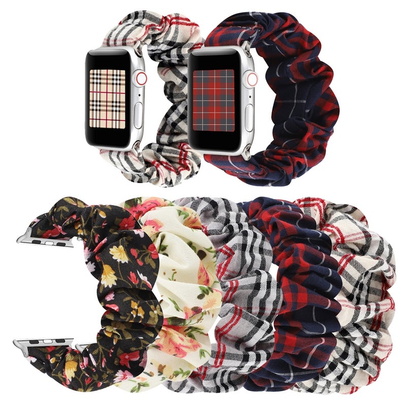 For Apple Watch Series 9&8&7 41mm / SE 3&SE 2&6&SE&5&4 40mm / 3&2&1 38mm Cloth + Stainless Steel Hair Ring Watch Band(Red Blue Grid)