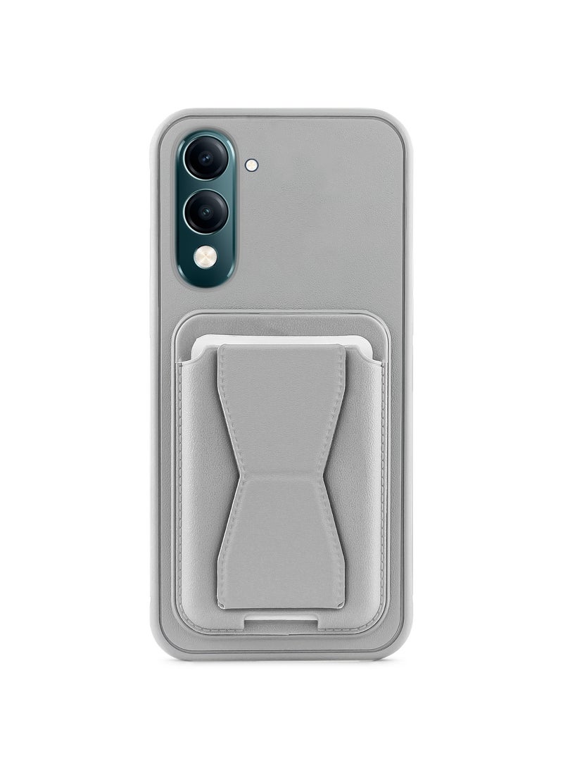 Leather back cover with card wallet Foldable Shockpoof Case compatible with Vivo Y04 4G (Grey) 