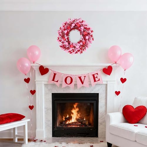 zjlmit Valentines Day Decorations 22 Inch Valentine's Day Wreath Pink Flower Wreaths for Front Door with Red Tulip Pink Forsythia Flowers for Valentine Wedding Anniversary and Holiday Decorations - Image 4