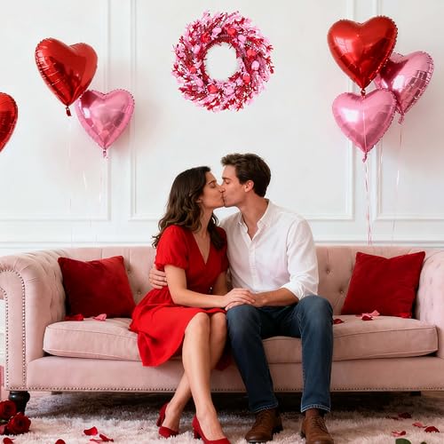zjlmit Valentines Day Decorations 22 Inch Valentine's Day Wreath Pink Flower Wreaths for Front Door with Red Tulip Pink Forsythia Flowers for Valentine Wedding Anniversary and Holiday Decorations - Image 2