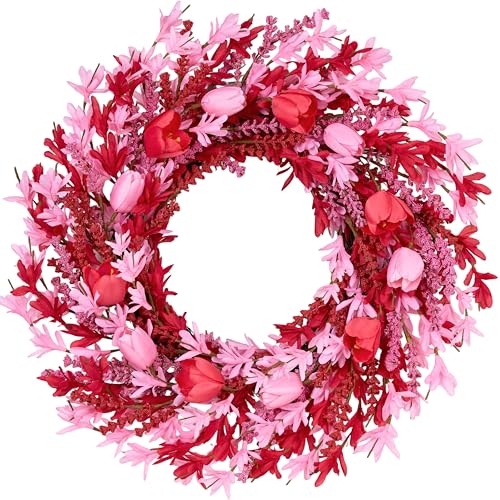 zjlmit Valentines Day Decorations 22 Inch Valentine's Day Wreath Pink Flower Wreaths for Front Door with Red Tulip Pink Forsythia Flowers for Valentine Wedding Anniversary and Holiday Decorations - Image 1