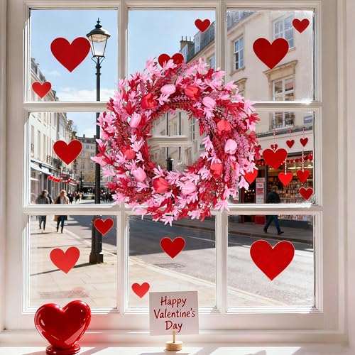 zjlmit Valentines Day Decorations 22 Inch Valentine's Day Wreath Pink Flower Wreaths for Front Door with Red Tulip Pink Forsythia Flowers for Valentine Wedding Anniversary and Holiday Decorations - Image 5