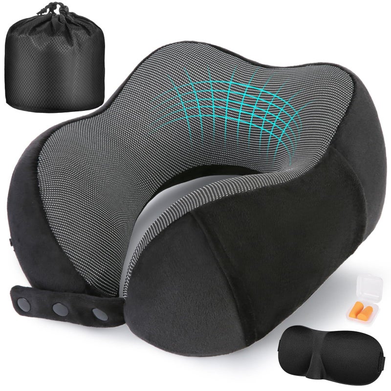 Cirorld Neck Pillow for Traveling Travel Pillows for Airplanes100 Pure Memory Foam Travel Neck Pillow Adjustable Flight Pillow Portable Plane Accessories with Eye Mask Earplugs Carry Bag