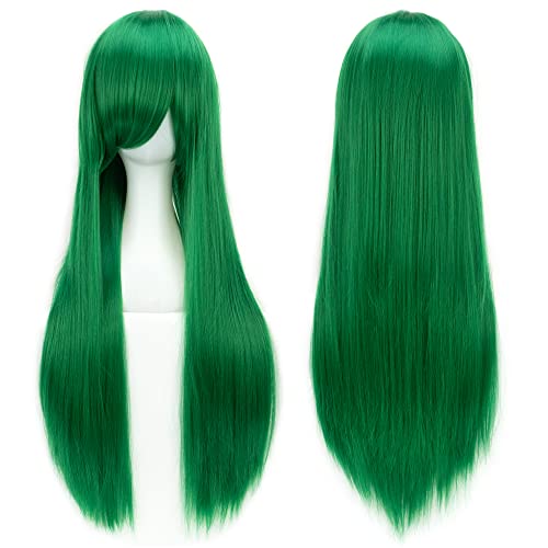 IMISSU 80cm Long Straight Natural Hair Cosplay Wigs with Bangs Colorful Halloween Costume Party Wig for Women Bright Green - Image 3