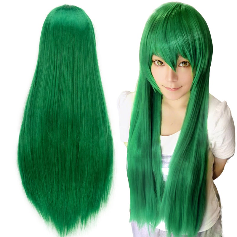 IMISSU 80cm Long Straight Natural Hair Cosplay Wigs with Bangs Colorful Halloween Costume Party Wig for Women Bright Green - Image 2
