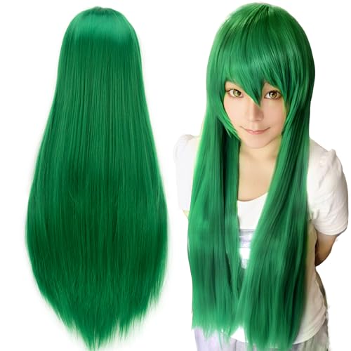 IMISSU 80cm Long Straight Natural Hair Cosplay Wigs with Bangs Colorful Halloween Costume Party Wig for Women Bright Green - Image 1