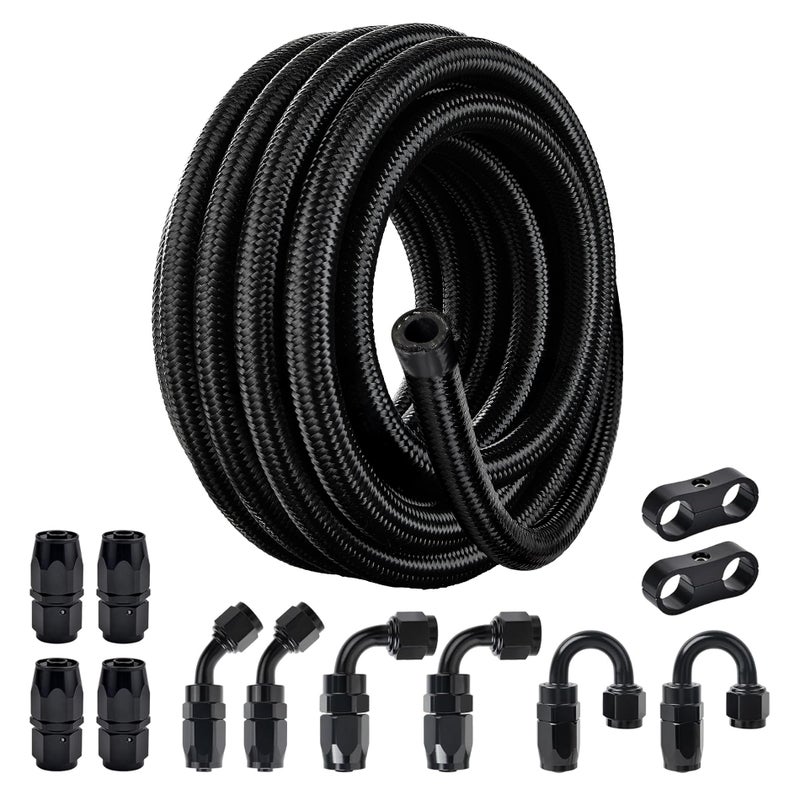 EVIL ENERGY 8AN Fuel Line Kit 8AN Nylon Braided Fuel Line Hose Fitting Kit CPE 20FT Black