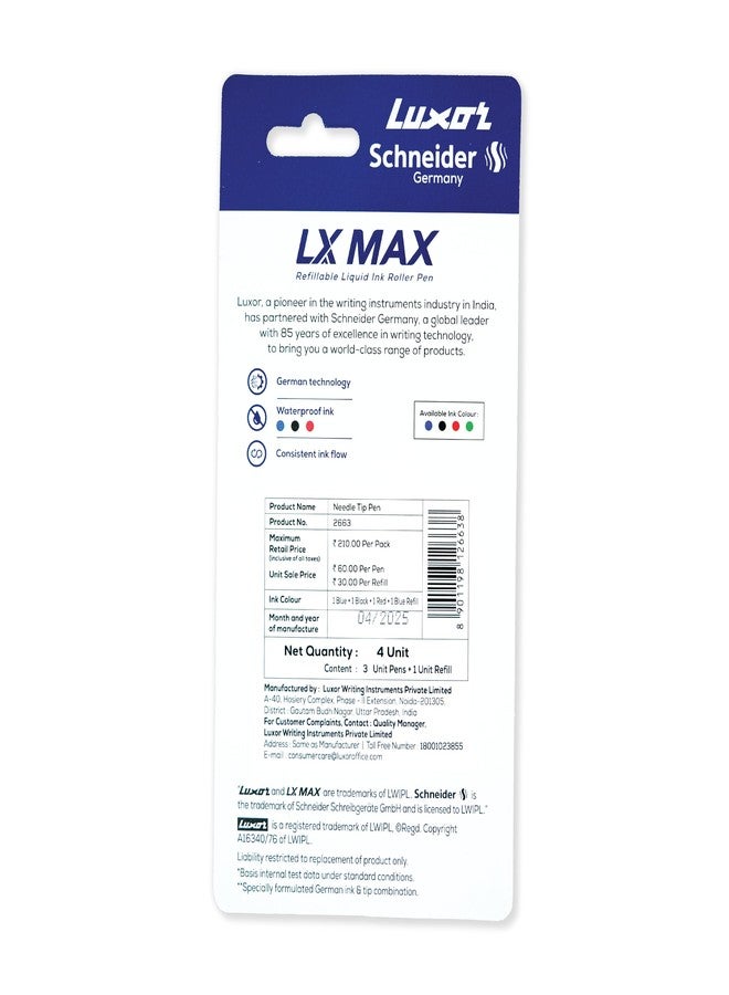 الأقصر قلم حبر جاف لوكسور شنايدر، LX MAX، عبوة من 3 أقلام - أزرق + أسود + أحمر + عبوة إعادة تعبئة، رأس إبرة، 0.5 مم، تكنولوجيا ألمانية 100%، طول كتابة يزيد عن 1000 متر، حبر مقاوم للماء، مثالي للطلاب والمهنيين - Image 4
