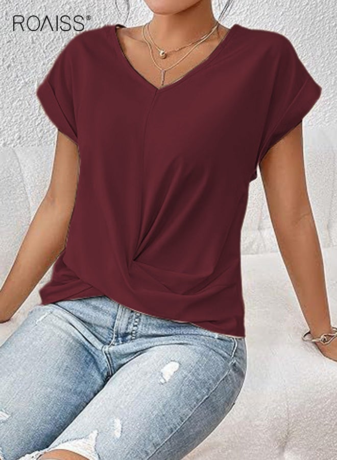رويس بلوزة نسائية أنيقة بأكمام قصيرة ورقبة على شكل حرف V، بلوزة نسائية مرنة متعددة الاستخدامات، مريحة وقابلة للتنفس، لون سادة، أحمر نبيذي - Image 2
