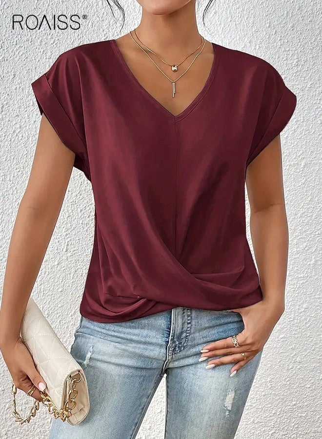 رويس بلوزة نسائية أنيقة بأكمام قصيرة ورقبة على شكل حرف V، بلوزة نسائية مرنة متعددة الاستخدامات، مريحة وقابلة للتنفس، لون سادة، أحمر نبيذي - Image 1