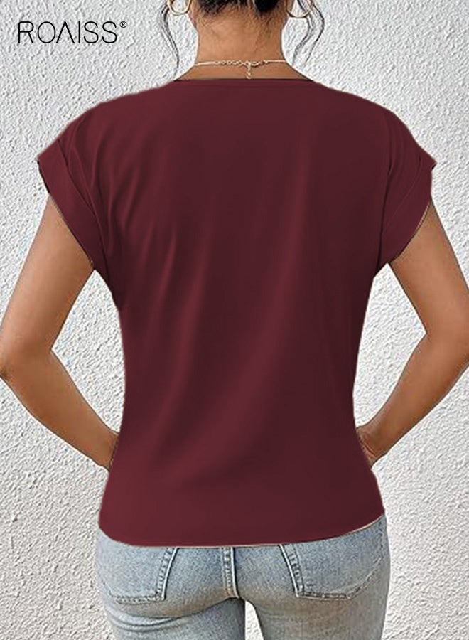 رويس بلوزة نسائية أنيقة بأكمام قصيرة ورقبة على شكل حرف V، بلوزة نسائية مرنة متعددة الاستخدامات، مريحة وقابلة للتنفس، لون سادة، أحمر نبيذي - Image 3