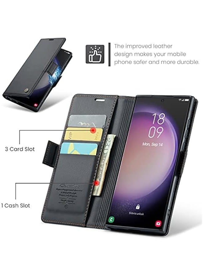 Premium PU Leather Wallet Case for Samsung Galaxy S24 Ultra - Magnetic Flip Folio, RFID Blocking, Credit Card Slots, Kickstand, Shockproof Protective Phone Cover (Black) - Image 2