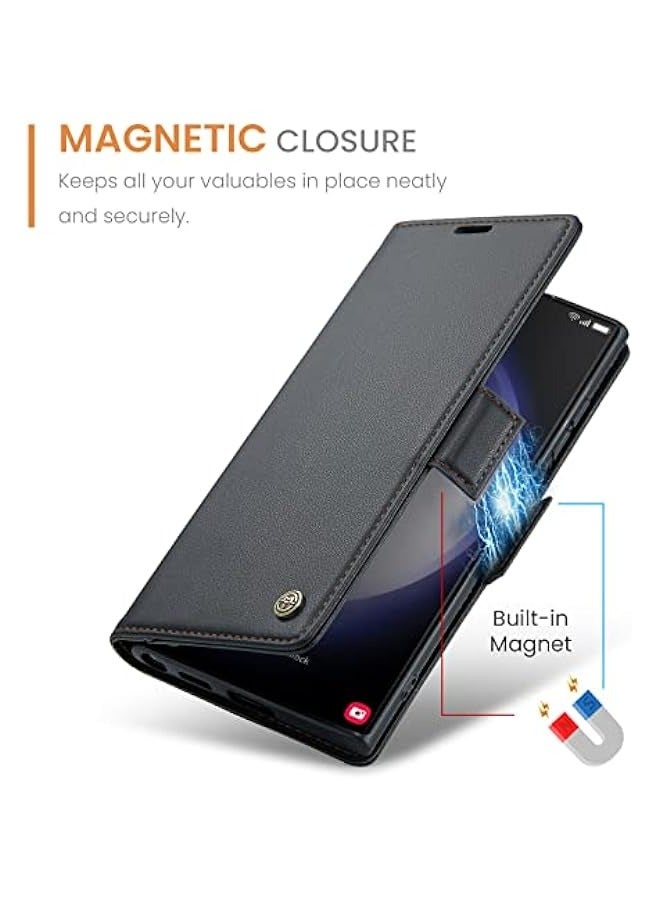Premium PU Leather Wallet Case for Samsung Galaxy S24 Ultra - Magnetic Flip Folio, RFID Blocking, Credit Card Slots, Kickstand, Shockproof Protective Phone Cover (Black) - Image 5