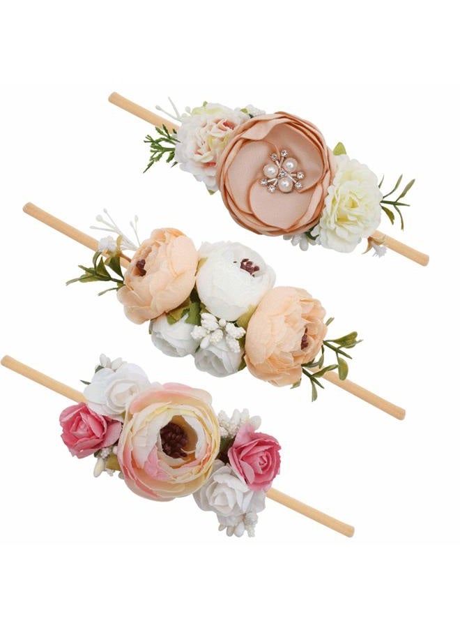 mligril Baby Girl Floral Headbands Set - 3pcs Flower Crown Elastic Hairband Newborn Toddler Hair Accessories Gifts for Girls （1-6 years old） - Image 1