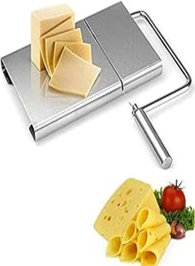 Delfino Cheese Slicer Stainless, DELFINO Steel Wire Cutter With Serving Board for Hard and Semi Hard Cheese Butter 5 Replacement Wire, 9.53 x 9.53 x 0.79 Inches (Silver)