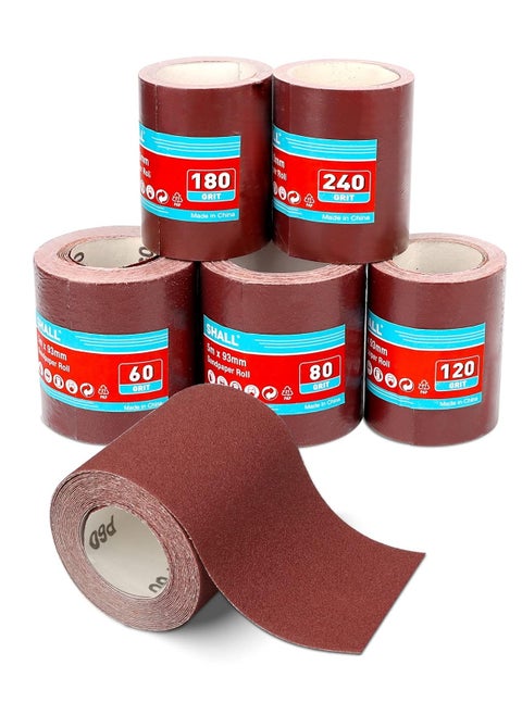 Sandpaper Roll Set 5 Rolls, 9.3cm x 5m, Aluminum Oxide Sandpaper for Woodworking, 60/80/120/180/240 Grit, Aluminium Oxide Abrasive Sanding Paper, for Sanding, Polishing and Rust Removal