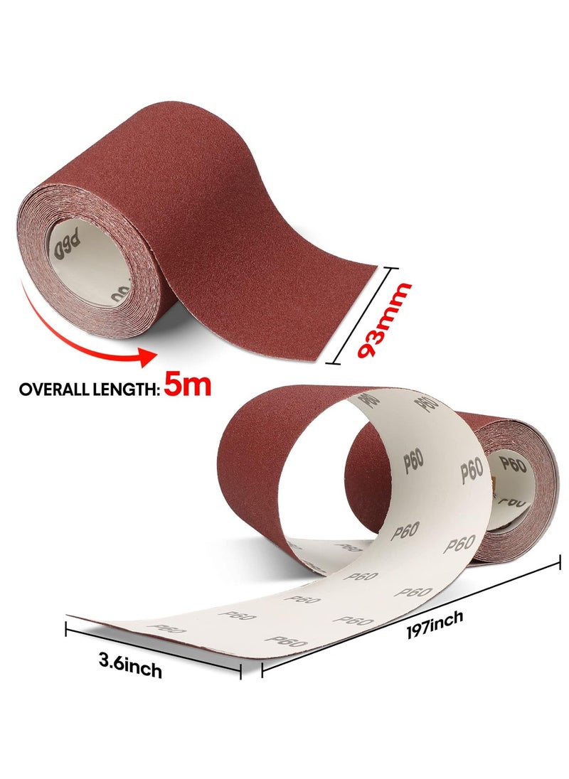 Sandpaper Roll Set 5 Rolls, 9.3cm x 5m, Aluminum Oxide Sandpaper for Woodworking, 60/80/120/180/240 Grit, Aluminium Oxide Abrasive Sanding Paper, for Sanding, Polishing and Rust Removal