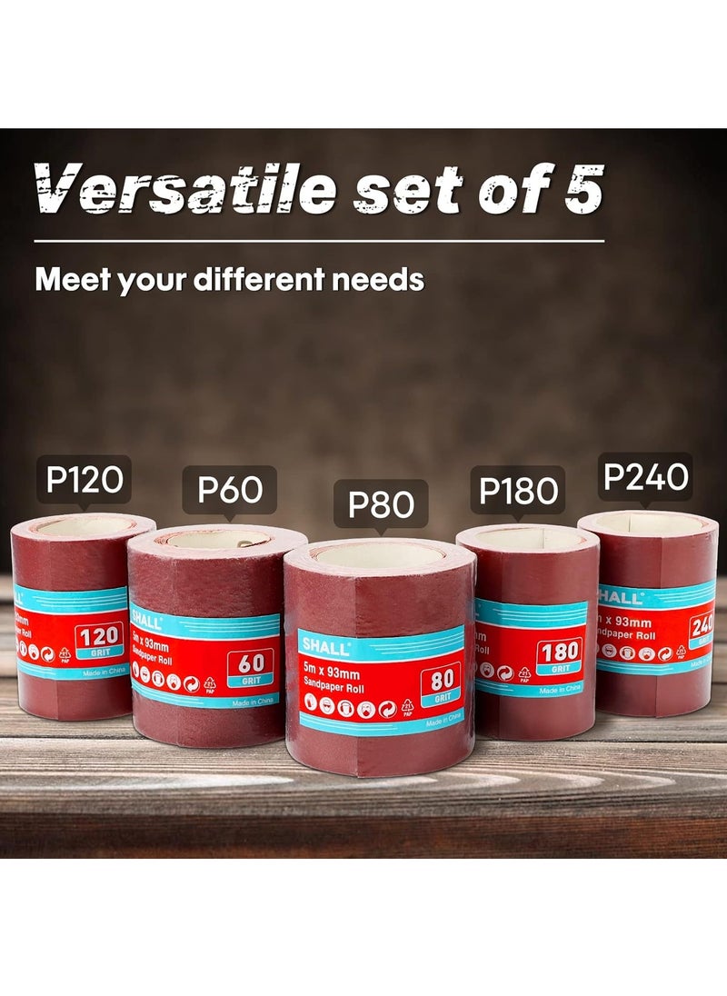 Sandpaper Roll Set 5 Rolls, 9.3cm x 5m, Aluminum Oxide Sandpaper for Woodworking, 60/80/120/180/240 Grit, Aluminium Oxide Abrasive Sanding Paper, for Sanding, Polishing and Rust Removal