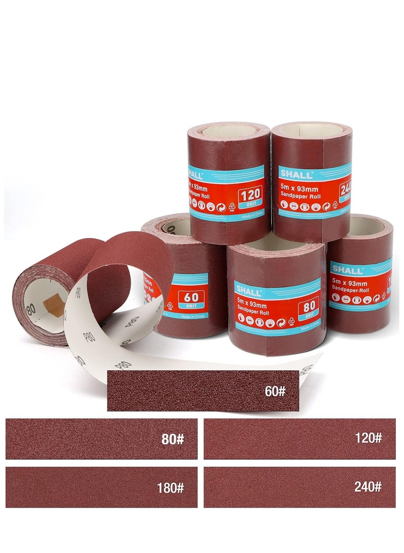 Sandpaper Roll Set 5 Rolls, 9.3cm x 5m, Aluminum Oxide Sandpaper for Woodworking, 60/80/120/180/240 Grit, Aluminium Oxide Abrasive Sanding Paper, for Sanding, Polishing and Rust Removal