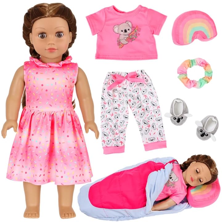 K. T. Fancy KT Fancy American Girl Doll Clothes for 18 Inch Dolls Accessories Pink Outdoor Dress Top Pants Shoes Hairband Rainbow Pillow Outdoor Space Sleeping Bag No Doll - Image 1
