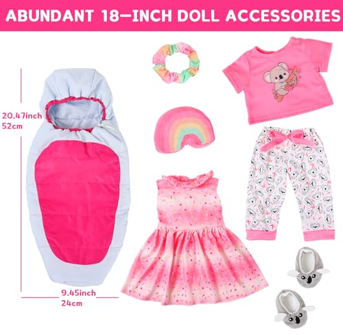 K. T. Fancy KT Fancy American Girl Doll Clothes for 18 Inch Dolls Accessories Pink Outdoor Dress Top Pants Shoes Hairband Rainbow Pillow Outdoor Space Sleeping Bag No Doll - Image 4