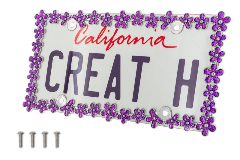Creathome 3D Shining Daisy Wrenth License Plate Frame from Pure Zinc Alloy Metal Perfect Plate Holder, Chrome with Purple - Image 1