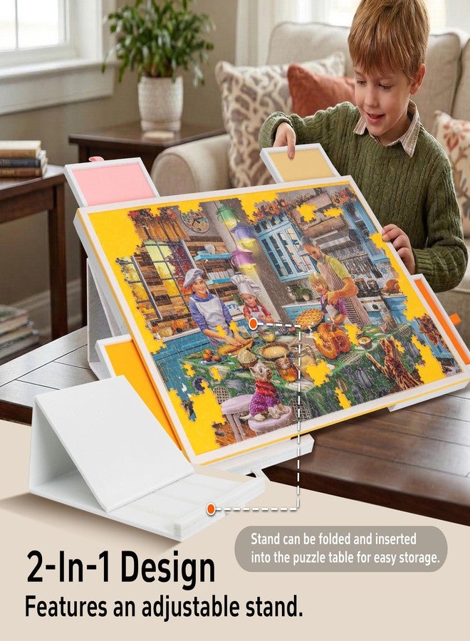 Tektalk Jigsaw Puzzle Table with Integrated Adjustable Stand/Bracket, 3-Tilting-Angle Super Lightweight Felt Puzzle Plateau Board with Cover & 4 Sorting Drawers, for Up to 1000 Pieces - Orange - Image 2